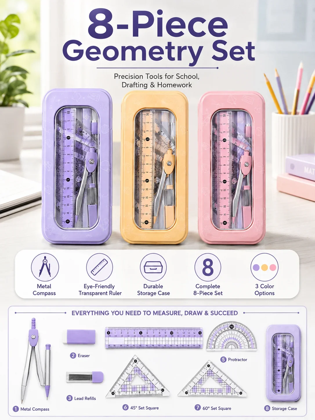 Öğrenciler için 8 Parçalı Mate - Compass Geometry Set incelemesi ve fiyatı